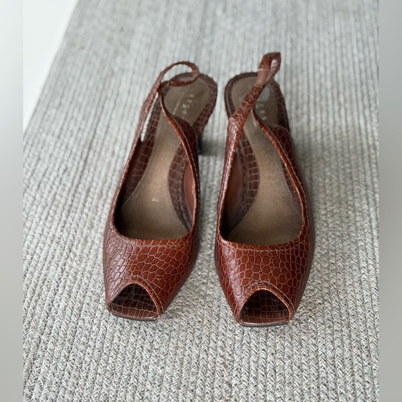 Vintage Axcess Liz Claiborne Brown Croc Leather Peeptoe Slingback Heels Size 9 - Picture 3 of 12